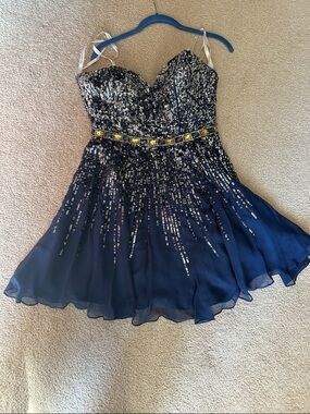 Sherri Hill Navy Sequin A-Line Cocktail Dress with Gold Accent